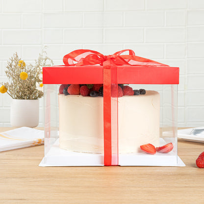Sweet Vision Square Clear Plastic Cake Box - Red Lid and White Base, Red Ribbon - 8 1/2" x 8 1/2" x 6 3/4" - 10 count box