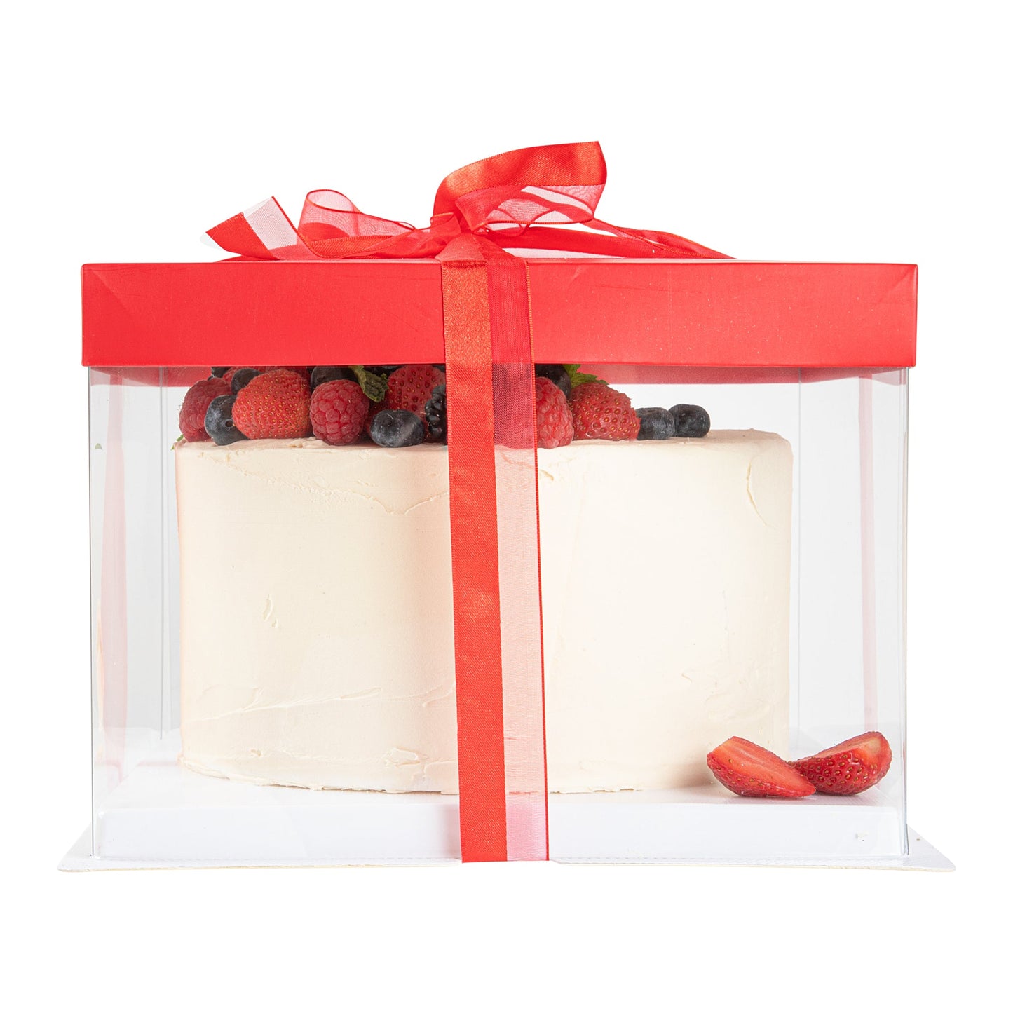 Sweet Vision Square Clear Plastic Cake Box - Red Lid and White Base, Red Ribbon - 8 1/2" x 8 1/2" x 6 3/4" - 10 count box