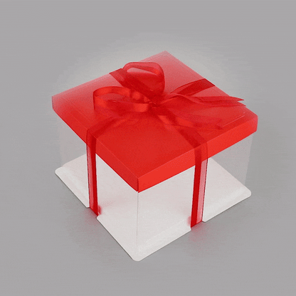 Sweet Vision Square Clear Plastic Cake Box - Red Lid and White Base, Red Ribbon - 8 1/2" x 8 1/2" x 6 3/4" - 10 count box