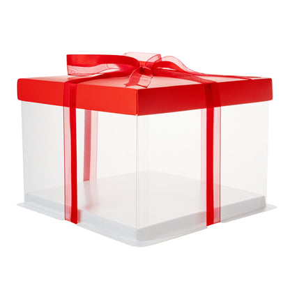 Sweet Vision Square Clear Plastic Cake Box - Red Lid and White Base, Red Ribbon - 8 1/2" x 8 1/2" x 6 3/4" - 10 count box