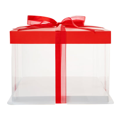 Sweet Vision Square Clear Plastic Cake Box - Red Lid and White Base, Red Ribbon - 8 1/2" x 8 1/2" x 6 3/4" - 10 count box