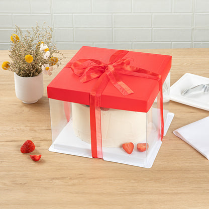 Sweet Vision Square Clear Plastic Cake Box - Red Lid and White Base, Red Ribbon - 8 1/2" x 8 1/2" x 6 3/4" - 10 count box
