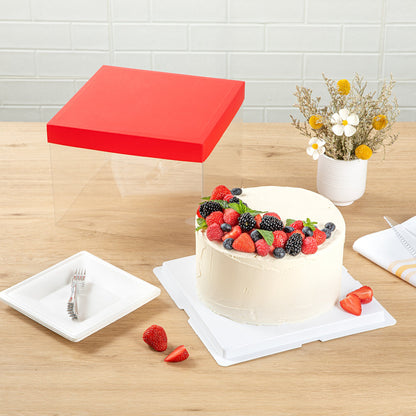 Sweet Vision Square Clear Plastic Cake Box - Red Lid and White Base, Red Ribbon - 8 1/2" x 8 1/2" x 6 3/4" - 10 count box