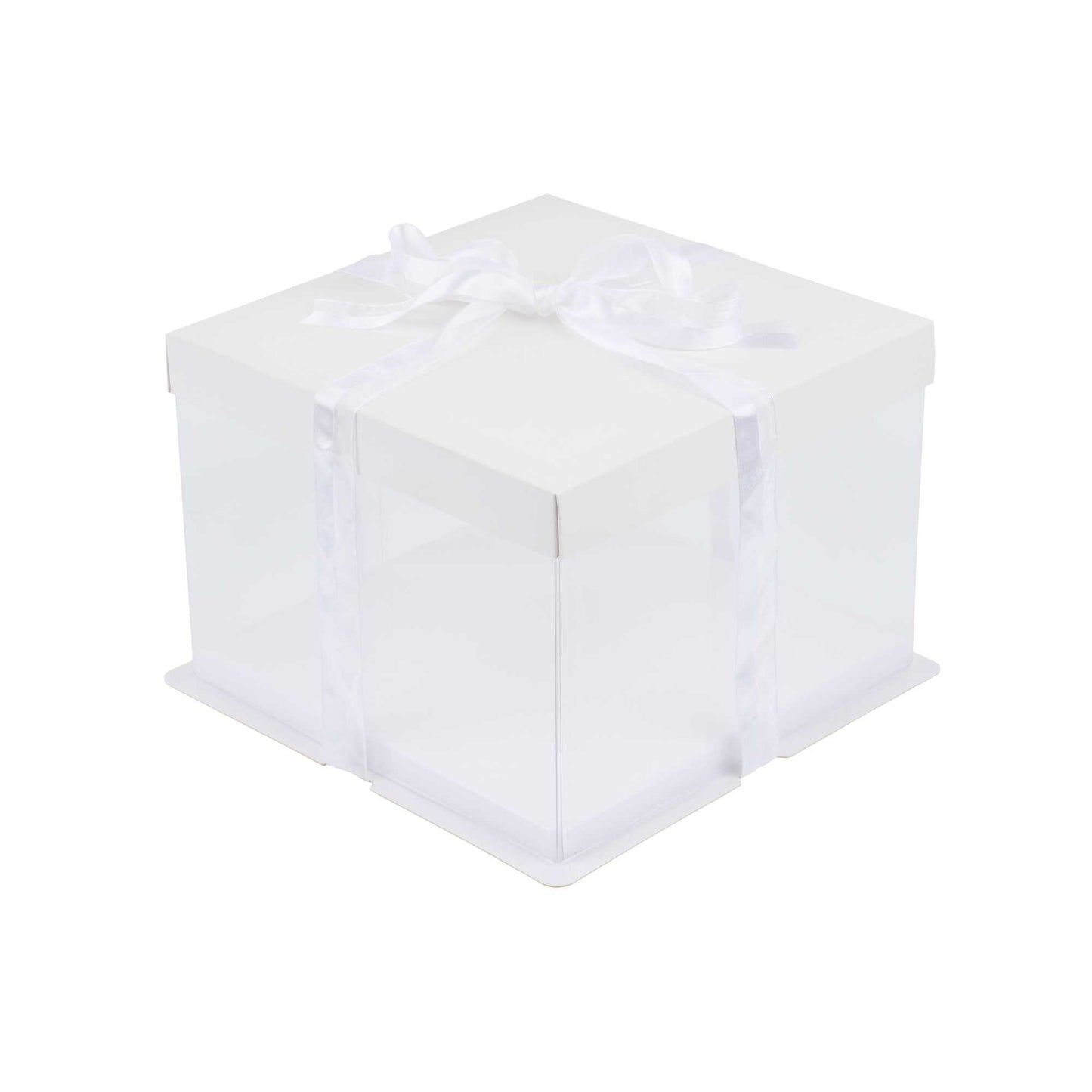 Sweet Vision Square Clear Plastic Cake Box - White Lid and White Base, Gray Ribbon - 8 1/2" x 8 1/2" x 6 3/4" - 10 count box