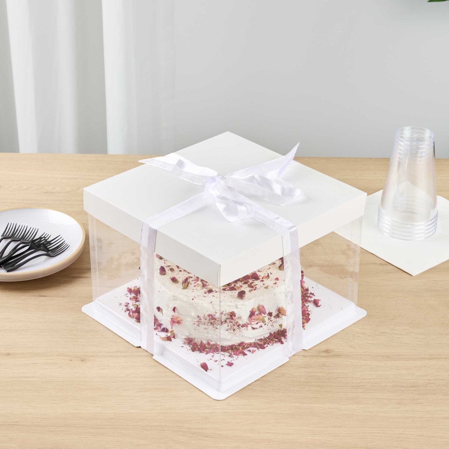 Sweet Vision Square Clear Plastic Cake Box - White Lid and White Base, Gray Ribbon - 8 1/2" x 8 1/2" x 6 3/4" - 10 count box