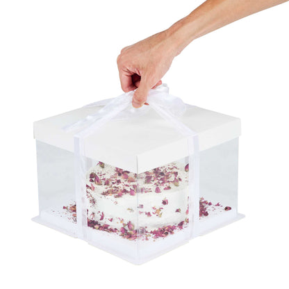 Sweet Vision Square Clear Plastic Cake Box - White Lid and White Base, Gray Ribbon - 8 1/2" x 8 1/2" x 6 3/4" - 10 count box