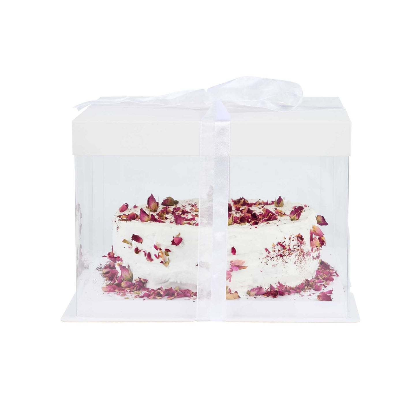 Sweet Vision Square Clear Plastic Cake Box - White Lid and White Base, Gray Ribbon - 8 1/2" x 8 1/2" x 6 3/4" - 10 count box