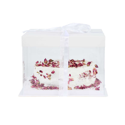 Sweet Vision Square Clear Plastic Cake Box - White Lid and White Base, Gray Ribbon - 8 1/2" x 8 1/2" x 6 3/4" - 10 count box