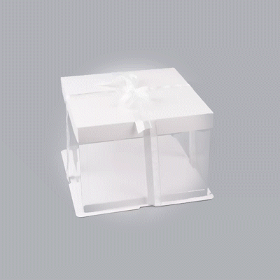 Sweet Vision Square Clear Plastic Cake Box - White Lid and White Base, Gray Ribbon - 8 1/2" x 8 1/2" x 6 3/4" - 10 count box