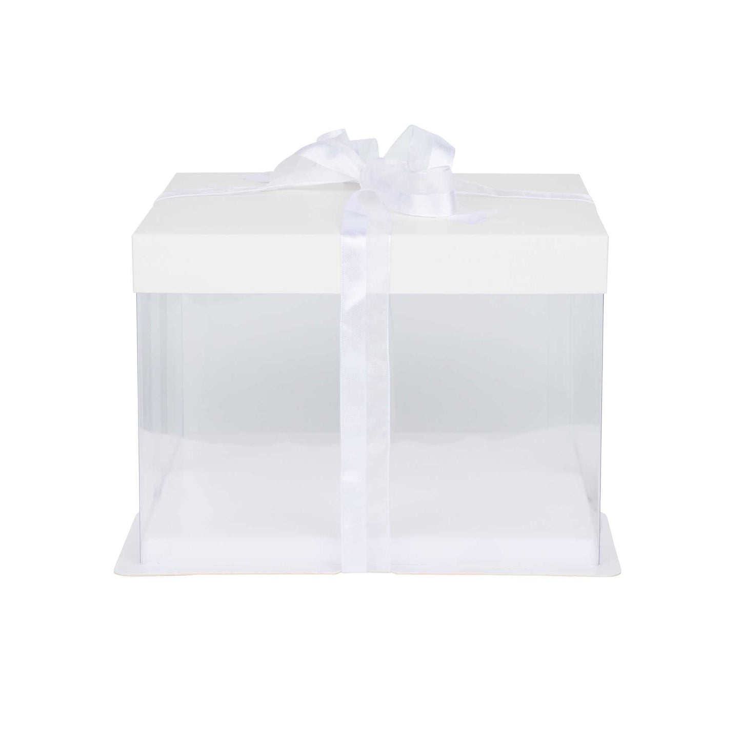 Sweet Vision Square Clear Plastic Cake Box - White Lid and White Base, Gray Ribbon - 8 1/2" x 8 1/2" x 6 3/4" - 10 count box