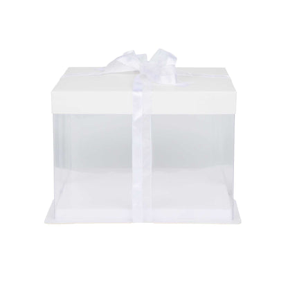Sweet Vision Square Clear Plastic Cake Box - White Lid and White Base, Gray Ribbon - 8 1/2" x 8 1/2" x 6 3/4" - 10 count box