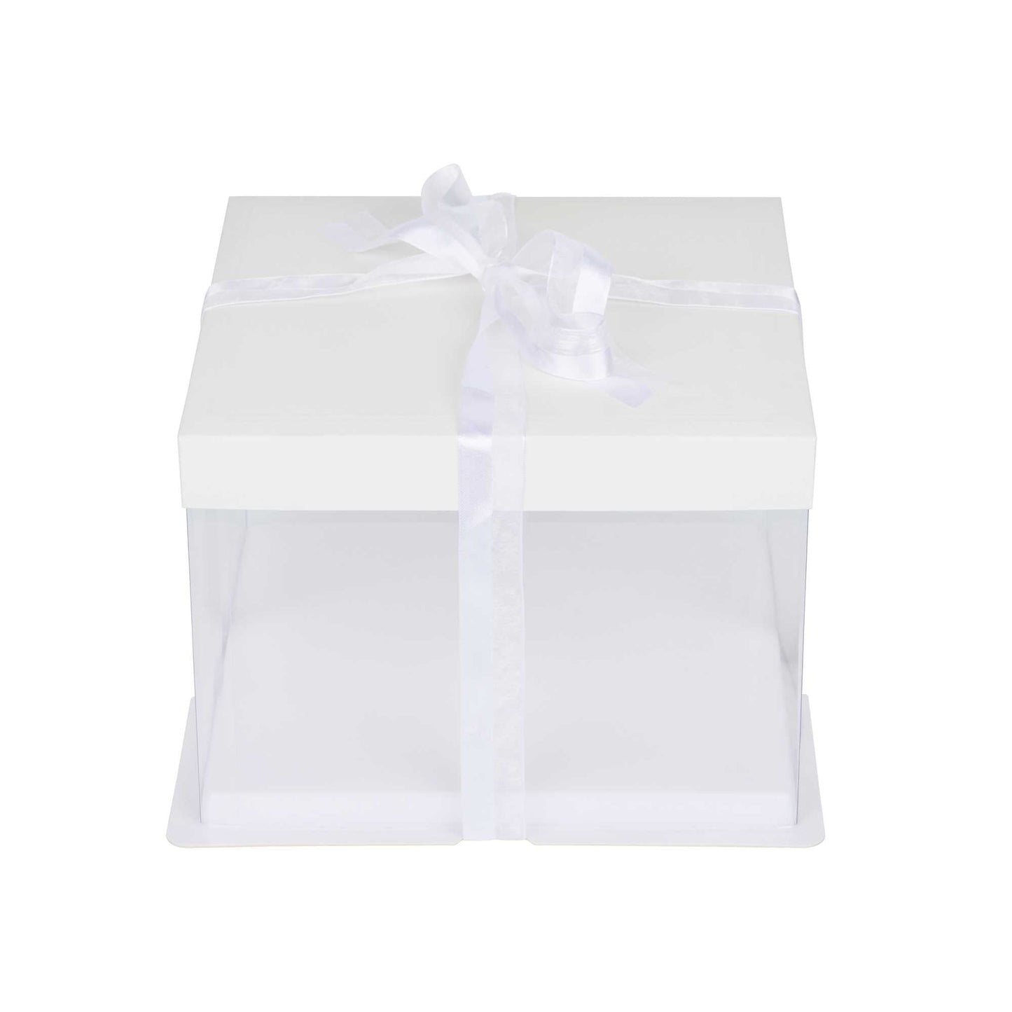Sweet Vision Square Clear Plastic Cake Box - White Lid and White Base, Gray Ribbon - 8 1/2" x 8 1/2" x 6 3/4" - 10 count box