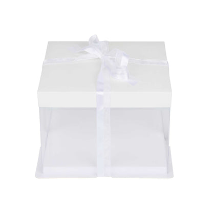 Sweet Vision Square Clear Plastic Cake Box - White Lid and White Base, Gray Ribbon - 8 1/2" x 8 1/2" x 6 3/4" - 10 count box
