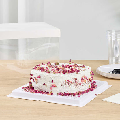 Sweet Vision Square Clear Plastic Cake Box - White Lid and White Base, Gray Ribbon - 8 1/2" x 8 1/2" x 6 3/4" - 10 count box