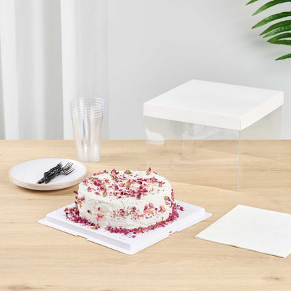 Sweet Vision Square Clear Plastic Cake Box - White Lid and White Base, Gray Ribbon - 8 1/2" x 8 1/2" x 6 3/4" - 10 count box