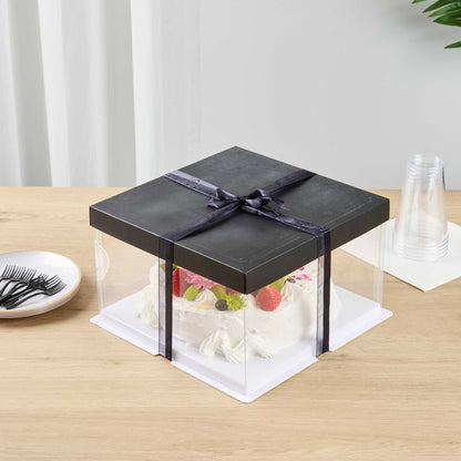Sweet Vision Square Clear Plastic Cake Box - Black Lid and White Base, Black Ribbon - 10" x 10" x 8 1/4" - 10 count box