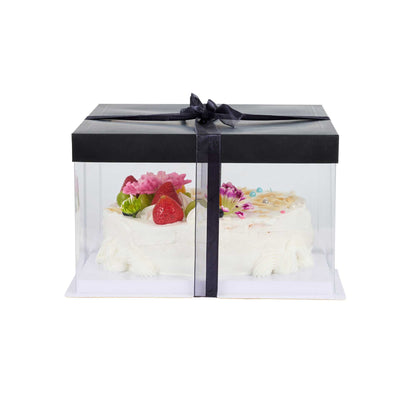 Sweet Vision Square Clear Plastic Cake Box - Black Lid and White Base, Black Ribbon - 10" x 10" x 8 1/4" - 10 count box