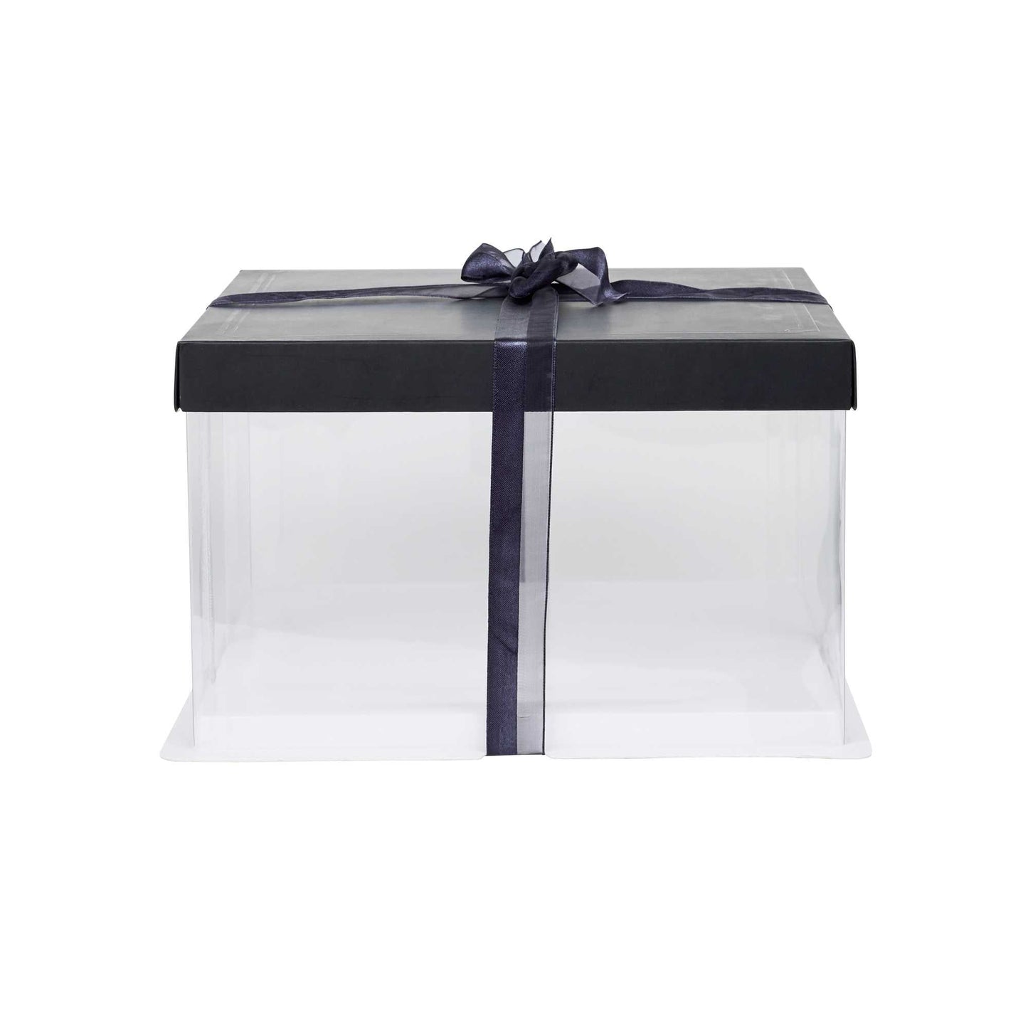 Sweet Vision Square Clear Plastic Cake Box - Black Lid and White Base, Black Ribbon - 10" x 10" x 8 1/4" - 10 count box