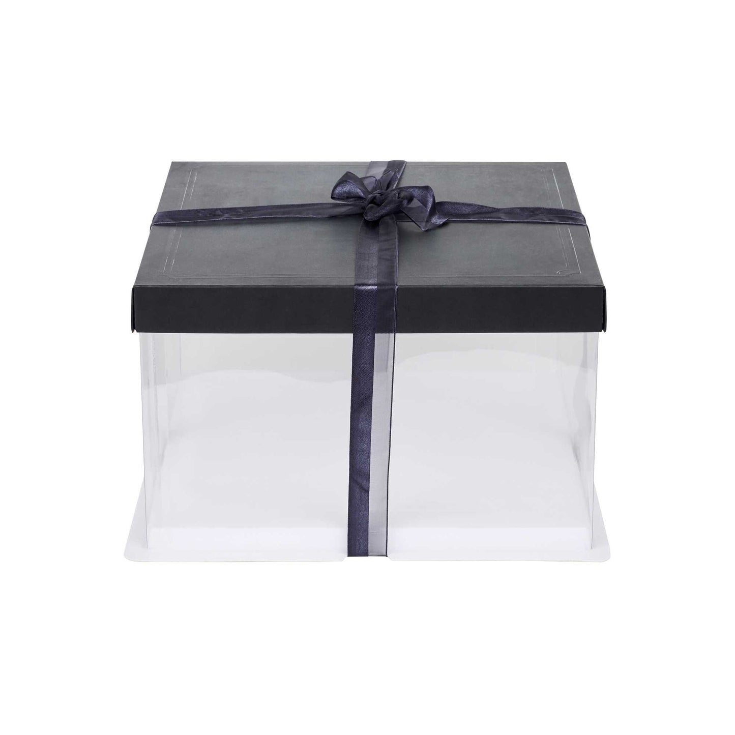 Sweet Vision Square Clear Plastic Cake Box - Black Lid and White Base, Black Ribbon - 10" x 10" x 8 1/4" - 10 count box