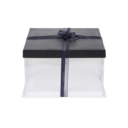 Sweet Vision Square Clear Plastic Cake Box - Black Lid and White Base, Black Ribbon - 10" x 10" x 8 1/4" - 10 count box