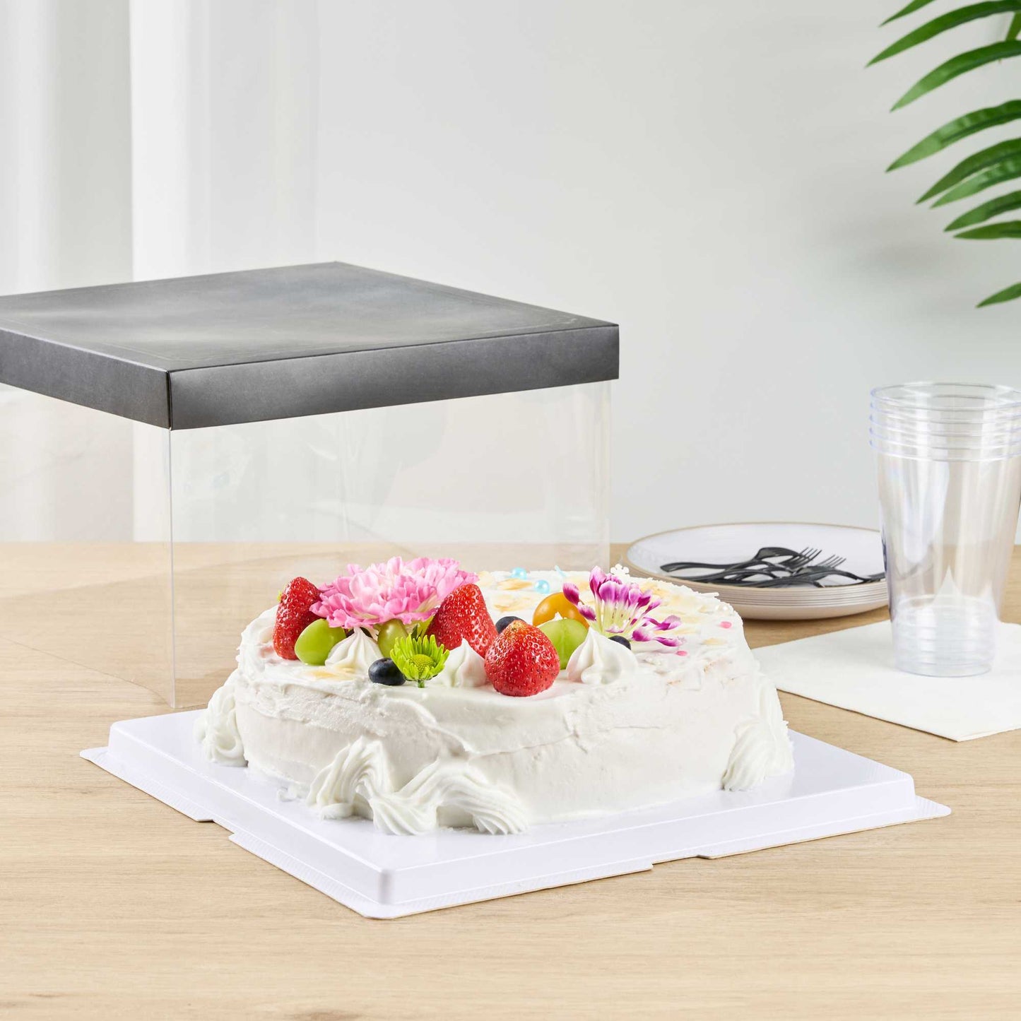 Sweet Vision Square Clear Plastic Cake Box - Black Lid and White Base, Black Ribbon - 10" x 10" x 8 1/4" - 10 count box