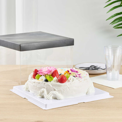 Sweet Vision Square Clear Plastic Cake Box - Black Lid and White Base, Black Ribbon - 10" x 10" x 8 1/4" - 10 count box