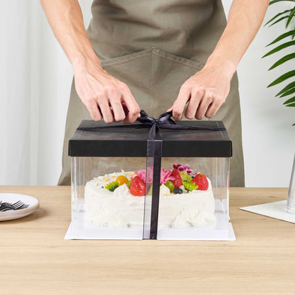 Sweet Vision Square Clear Plastic Cake Box - Black Lid and White Base, Black Ribbon - 10" x 10" x 8 1/4" - 10 count box