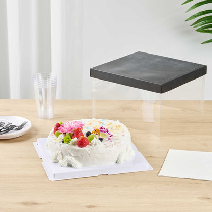 Sweet Vision Square Clear Plastic Cake Box - Black Lid and White Base, Black Ribbon - 10" x 10" x 8 1/4" - 10 count box