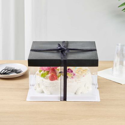 Sweet Vision Square Clear Plastic Cake Box - Black Lid and White Base, Black Ribbon - 10" x 10" x 8 1/4" - 10 count box