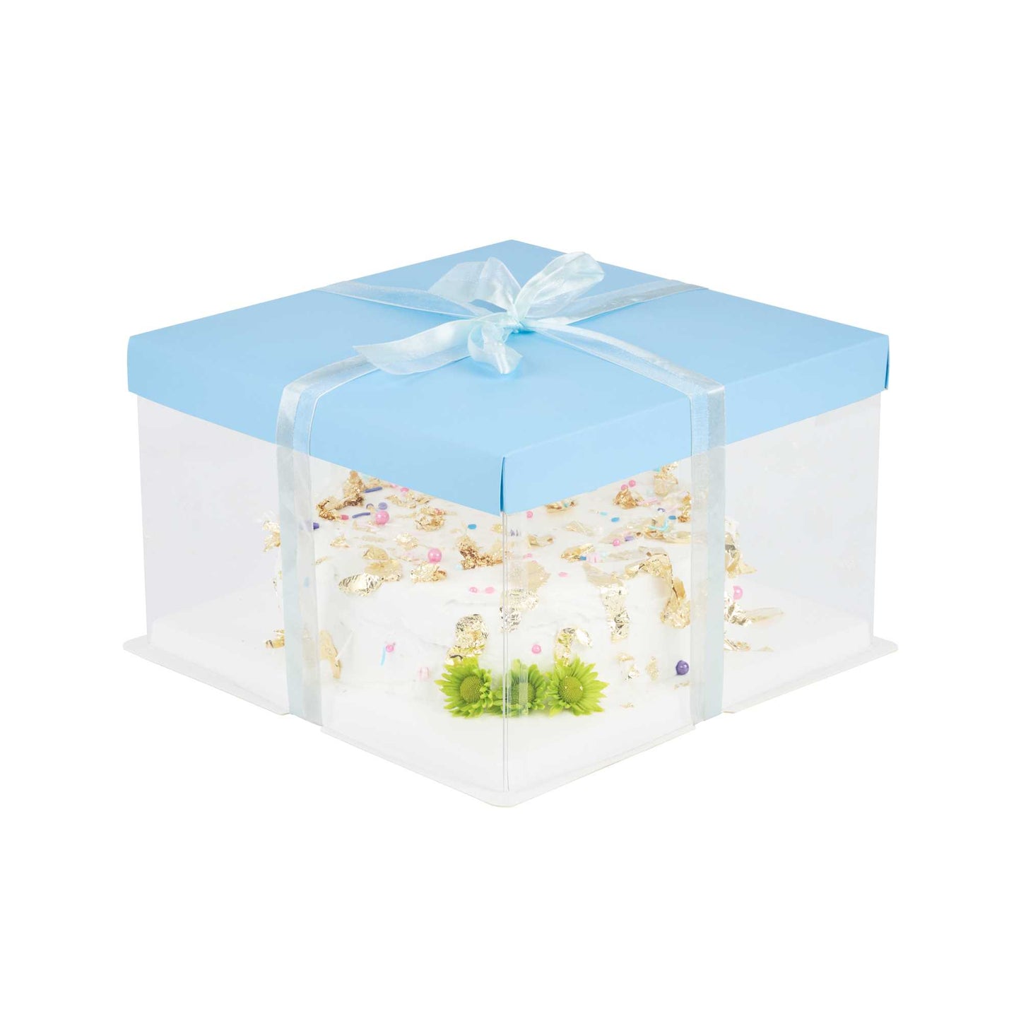 Sweet Vision Square Clear Plastic Cake Box - Blue Lid and White Base, Blue Ribbon - 10" x 10" x 8 1/4" - 10 count box