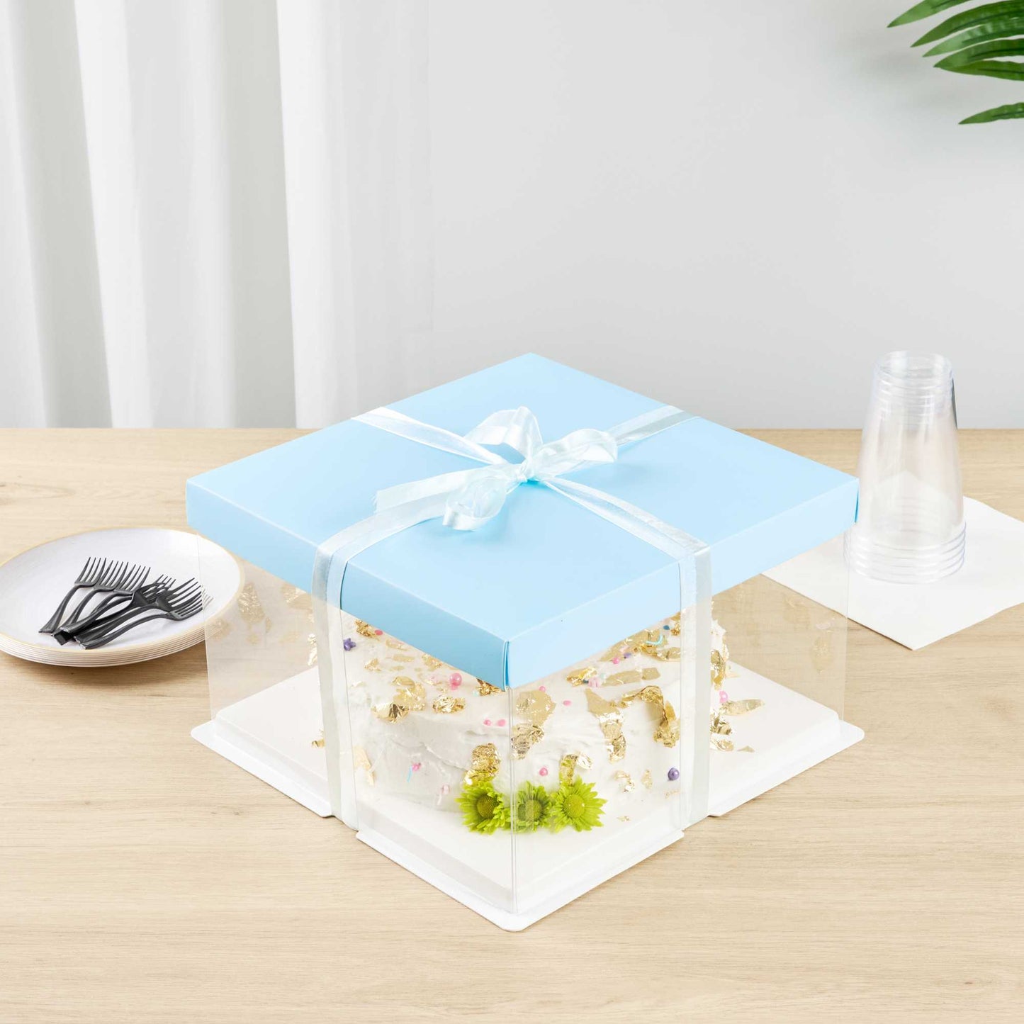 Sweet Vision Square Clear Plastic Cake Box - Blue Lid and White Base, Blue Ribbon - 10" x 10" x 8 1/4" - 10 count box