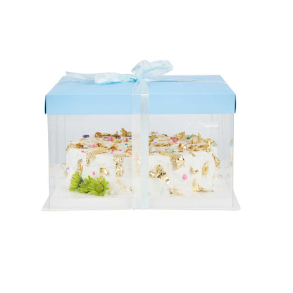 Sweet Vision Square Clear Plastic Cake Box - Blue Lid and White Base, Blue Ribbon - 10" x 10" x 8 1/4" - 10 count box