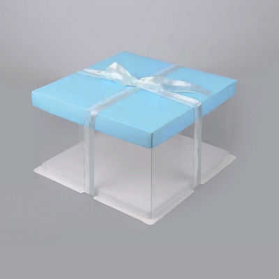 Sweet Vision Square Clear Plastic Cake Box - Blue Lid and White Base, Blue Ribbon - 10" x 10" x 8 1/4" - 10 count box