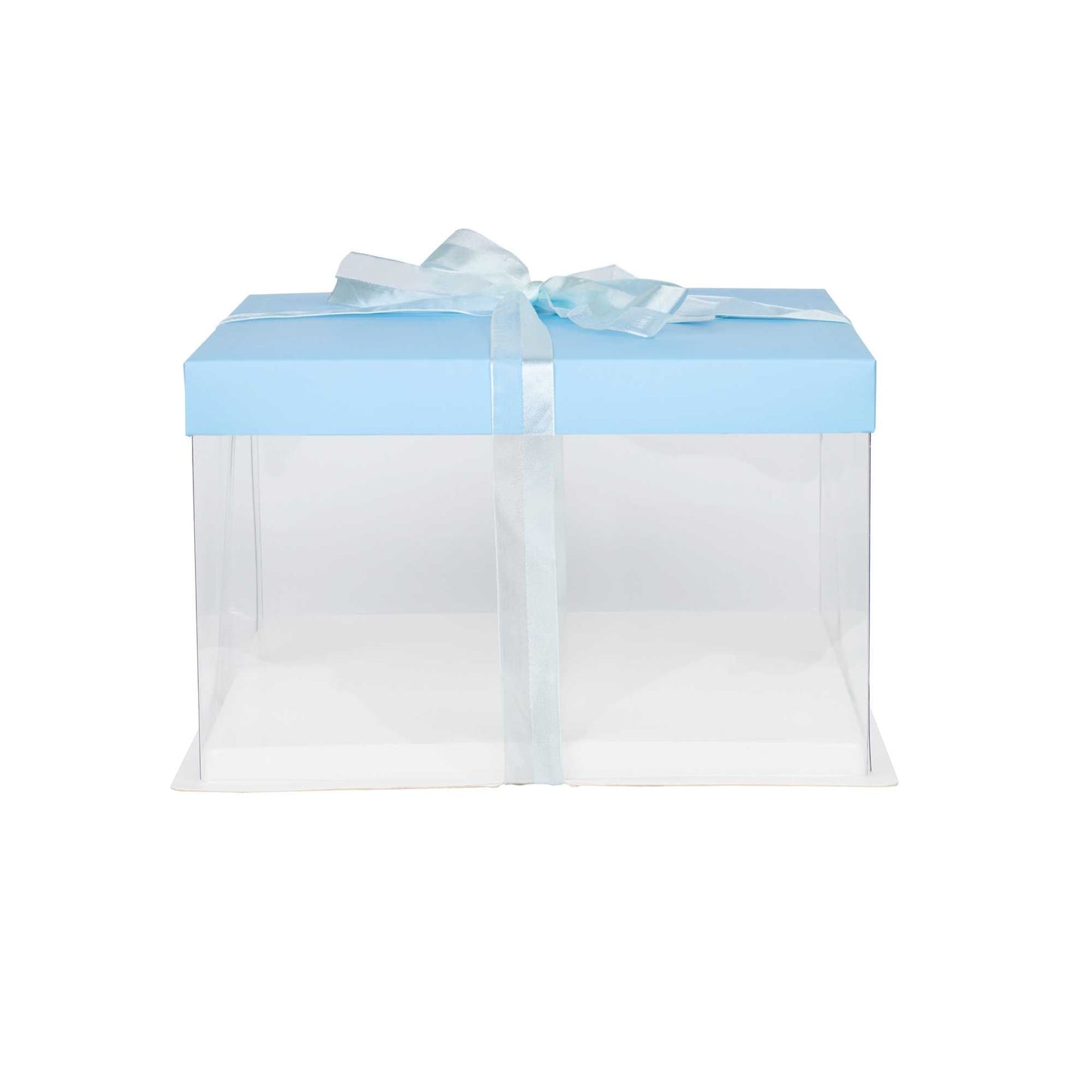 Sweet Vision Square Clear Plastic Cake Box - Blue Lid and White Base, Blue Ribbon - 10" x 10" x 8 1/4" - 10 count box
