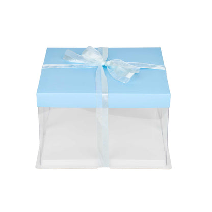 Sweet Vision Square Clear Plastic Cake Box - Blue Lid and White Base, Blue Ribbon - 10" x 10" x 8 1/4" - 10 count box