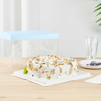 Sweet Vision Square Clear Plastic Cake Box - Blue Lid and White Base, Blue Ribbon - 10" x 10" x 8 1/4" - 10 count box
