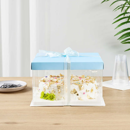 Sweet Vision Square Clear Plastic Cake Box - Blue Lid and White Base, Blue Ribbon - 10" x 10" x 8 1/4" - 10 count box