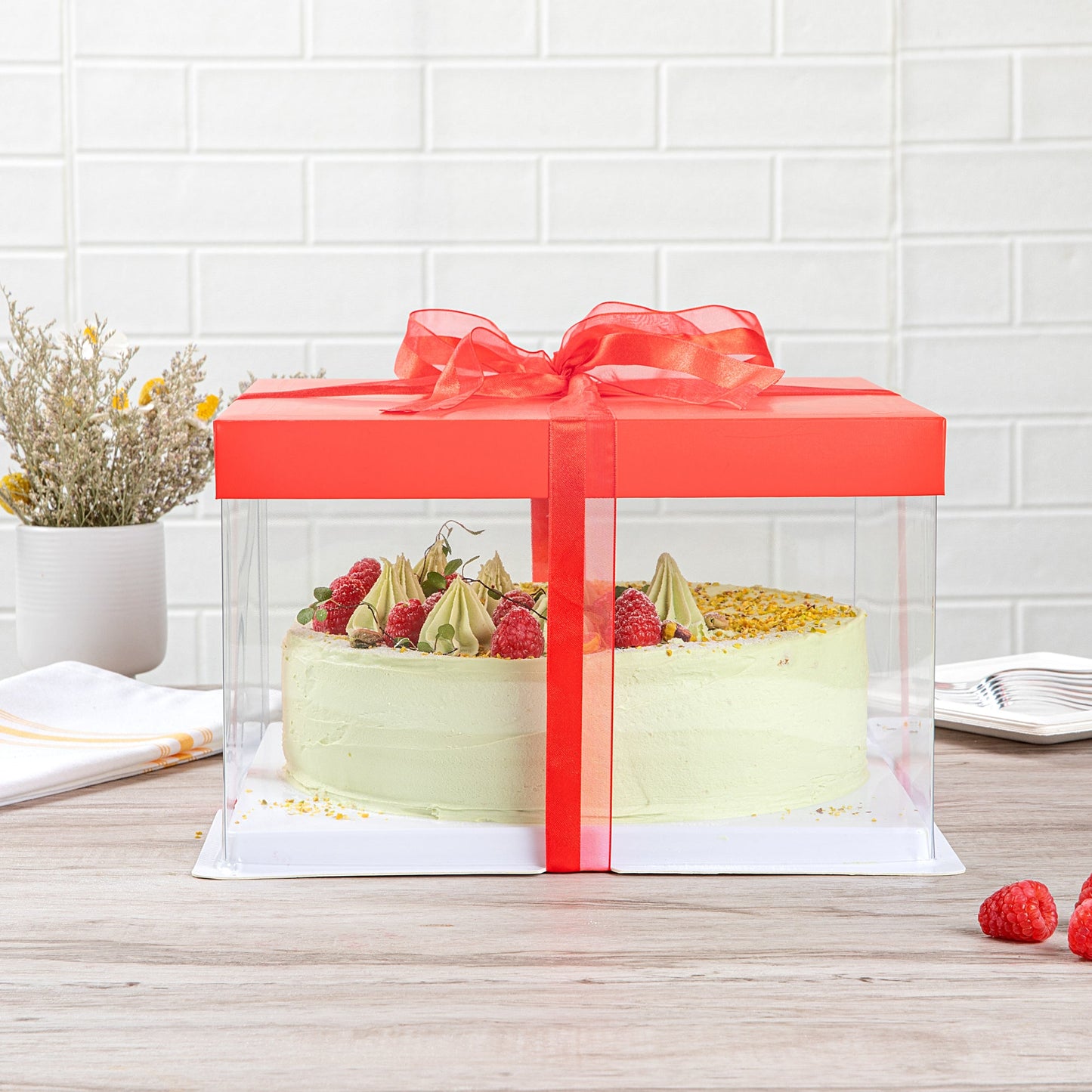 Sweet Vision Square Clear Plastic Cake Box - Red Lid and White Base, Red Ribbon - 10" x 10" x 8 1/4" - 10 count box