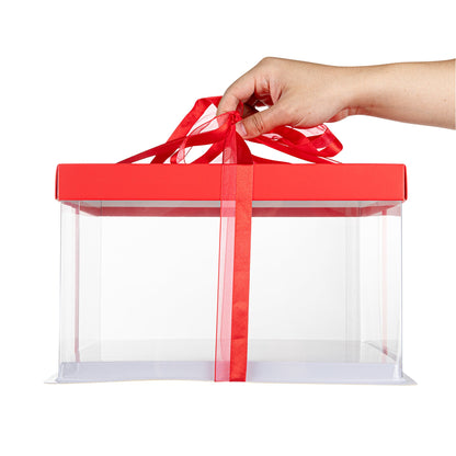 Sweet Vision Square Clear Plastic Cake Box - Red Lid and White Base, Red Ribbon - 10" x 10" x 8 1/4" - 10 count box