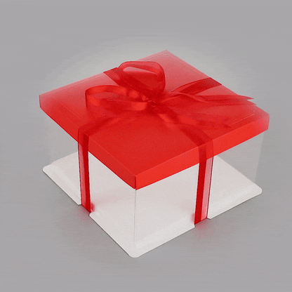 Sweet Vision Square Clear Plastic Cake Box - Red Lid and White Base, Red Ribbon - 10" x 10" x 8 1/4" - 10 count box