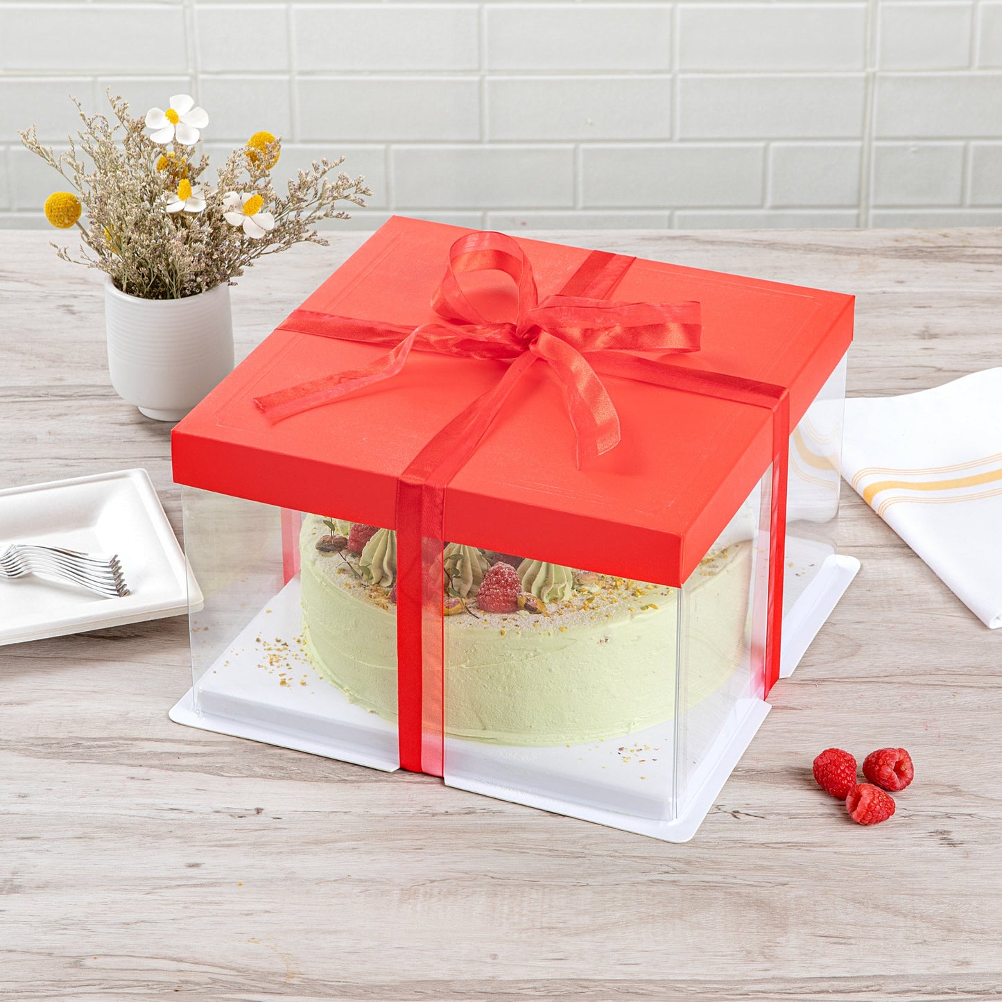 Sweet Vision Square Clear Plastic Cake Box - Red Lid and White Base, Red Ribbon - 10" x 10" x 8 1/4" - 10 count box