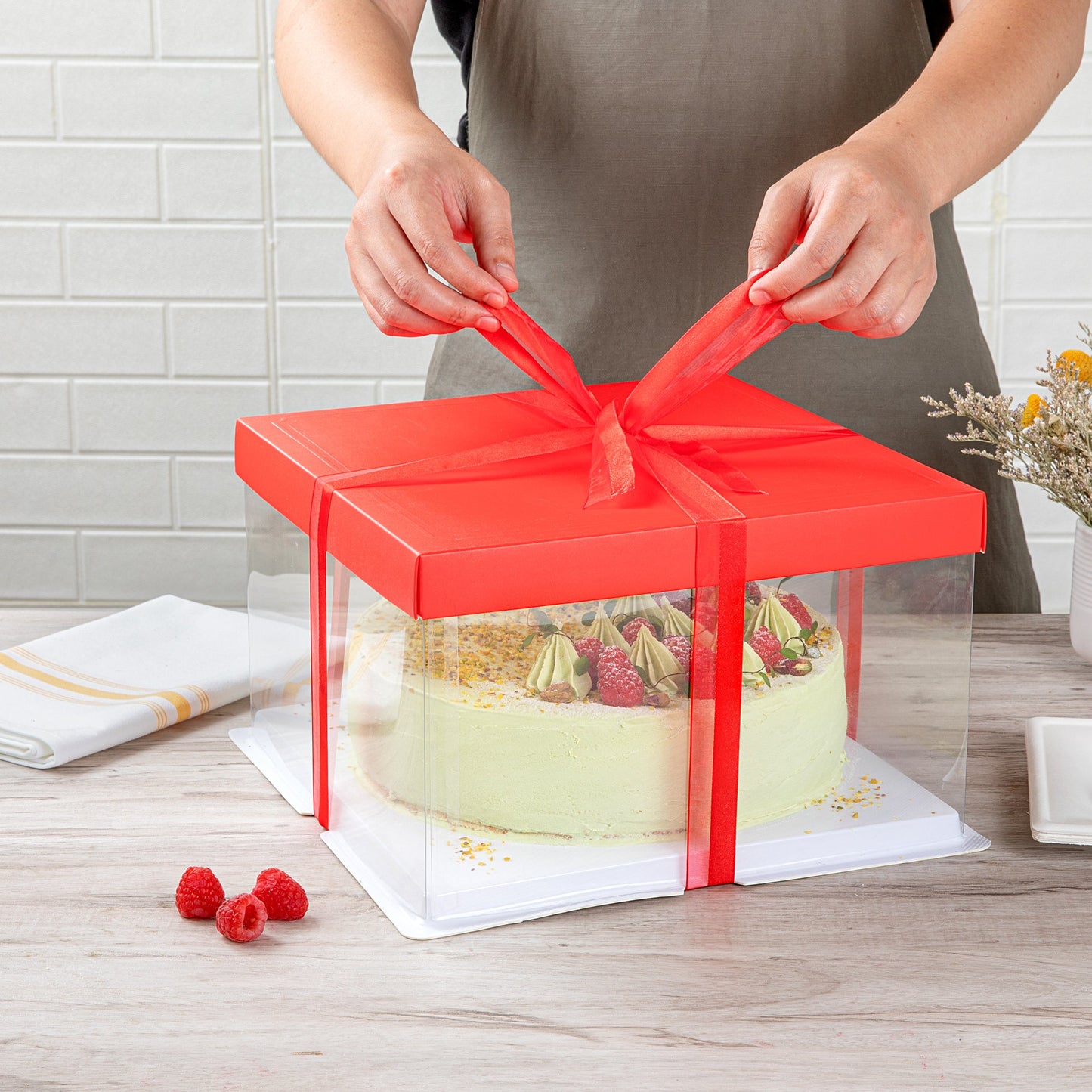 Sweet Vision Square Clear Plastic Cake Box - Red Lid and White Base, Red Ribbon - 10" x 10" x 8 1/4" - 10 count box