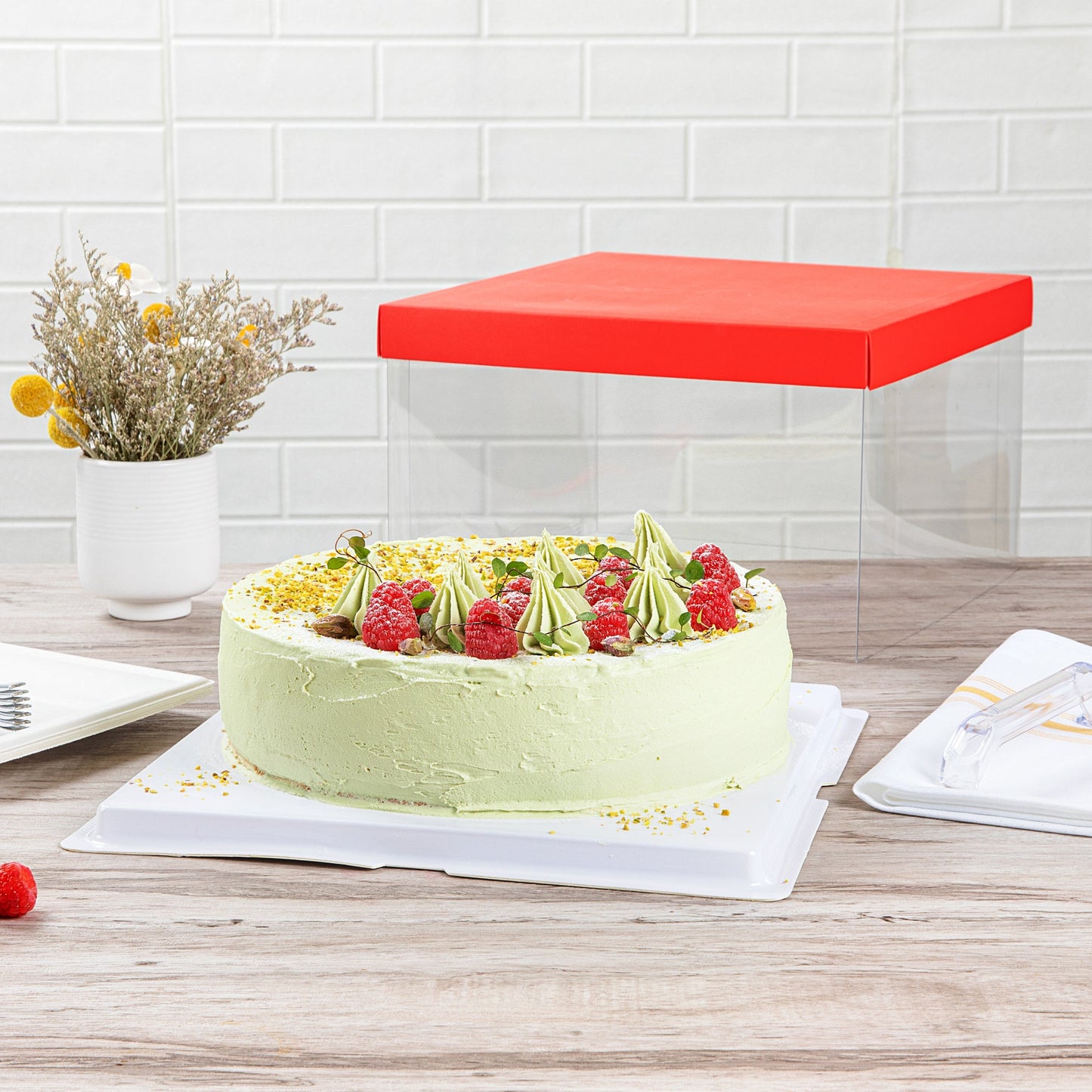 Sweet Vision Square Clear Plastic Cake Box - Red Lid and White Base, Red Ribbon - 10" x 10" x 8 1/4" - 10 count box