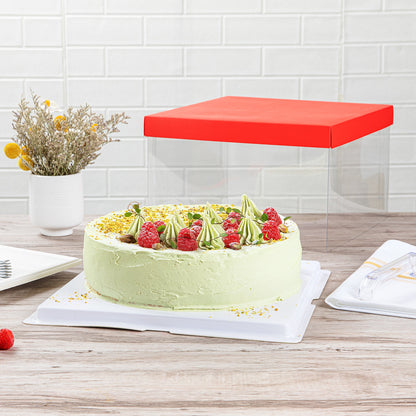 Sweet Vision Square Clear Plastic Cake Box - Red Lid and White Base, Red Ribbon - 10" x 10" x 8 1/4" - 10 count box