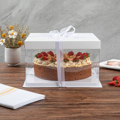Sweet Vision Square Clear Plastic Cake Box - White Lid and White Base, Gray Ribbon - 10" x 10" x 8 1/4" - 10 count box
