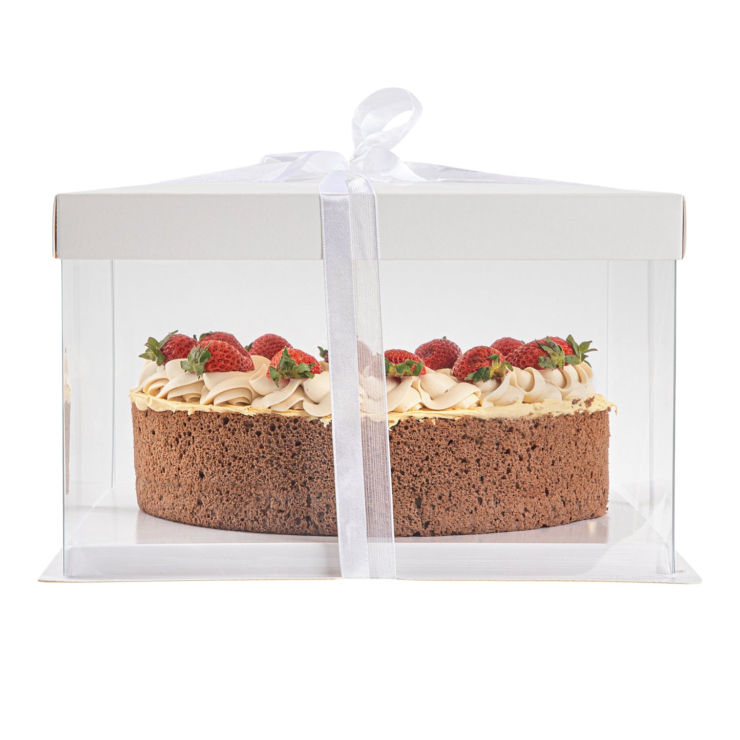 Sweet Vision Square Clear Plastic Cake Box - White Lid and White Base, Gray Ribbon - 10" x 10" x 8 1/4" - 10 count box