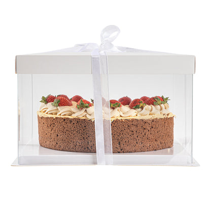 Sweet Vision Square Clear Plastic Cake Box - White Lid and White Base, Gray Ribbon - 10" x 10" x 8 1/4" - 10 count box