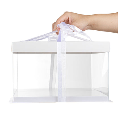 Sweet Vision Square Clear Plastic Cake Box - White Lid and White Base, Gray Ribbon - 10" x 10" x 8 1/4" - 10 count box