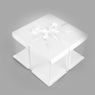 Sweet Vision Square Clear Plastic Cake Box - White Lid and White Base, Gray Ribbon - 10" x 10" x 8 1/4" - 10 count box