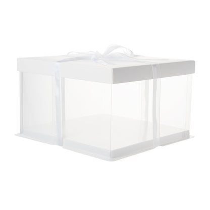Sweet Vision Square Clear Plastic Cake Box - White Lid and White Base, Gray Ribbon - 10" x 10" x 8 1/4" - 10 count box